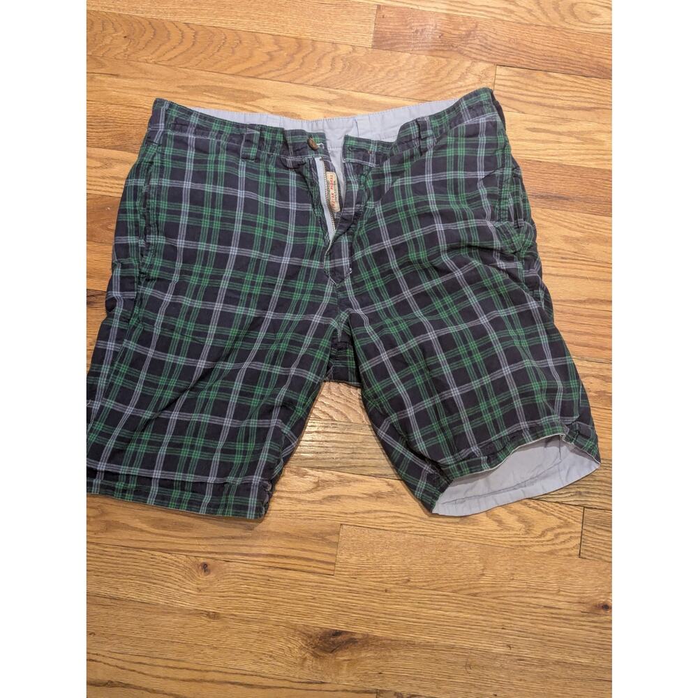 Indian Madras Sz 32 Reversible Men's Shorts Green Blue Plaid & Light Blue